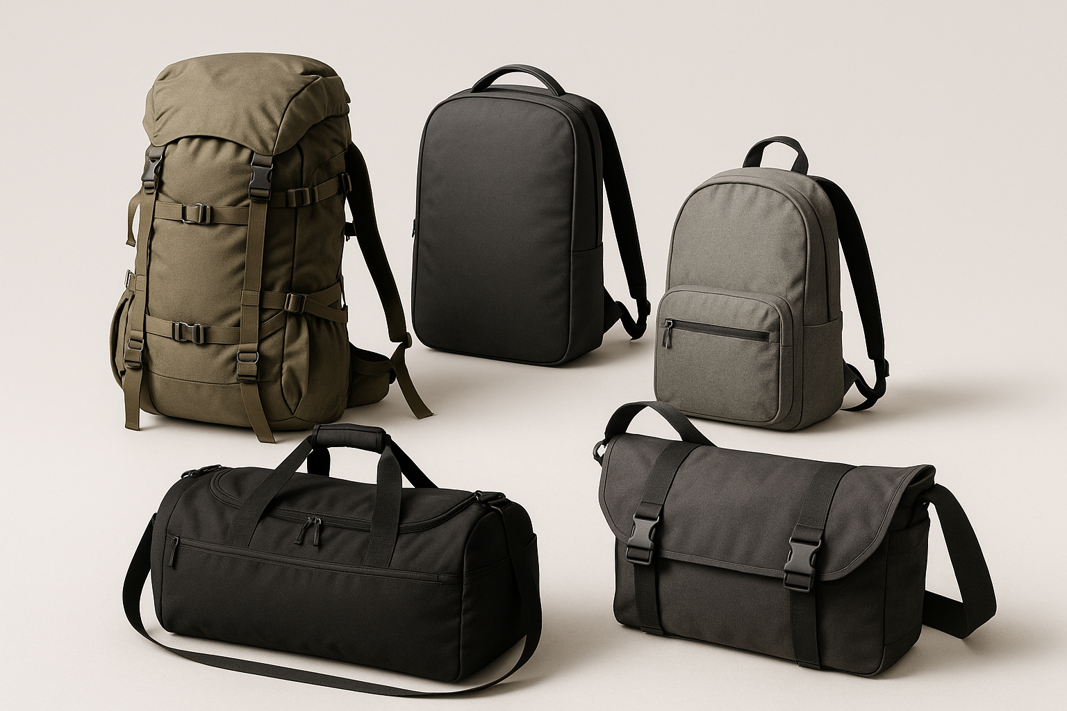 collection of different bag categories like outdoor, backpacks, and sports, on a simple background